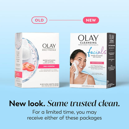 Daily Facials, Daily Clean Makeup Removing Facial Cleansing Wipes, 5-In-1 Water Activated Cloths, Exfoliates, Tones and Hydrates Skin, 66 Count