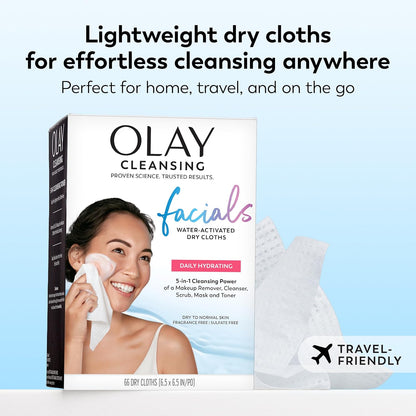 Daily Facials, Daily Clean Makeup Removing Facial Cleansing Wipes, 5-In-1 Water Activated Cloths, Exfoliates, Tones and Hydrates Skin, 66 Count